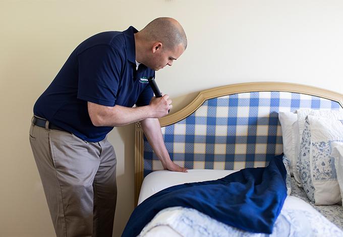Pest control technician checking a bed for bugs